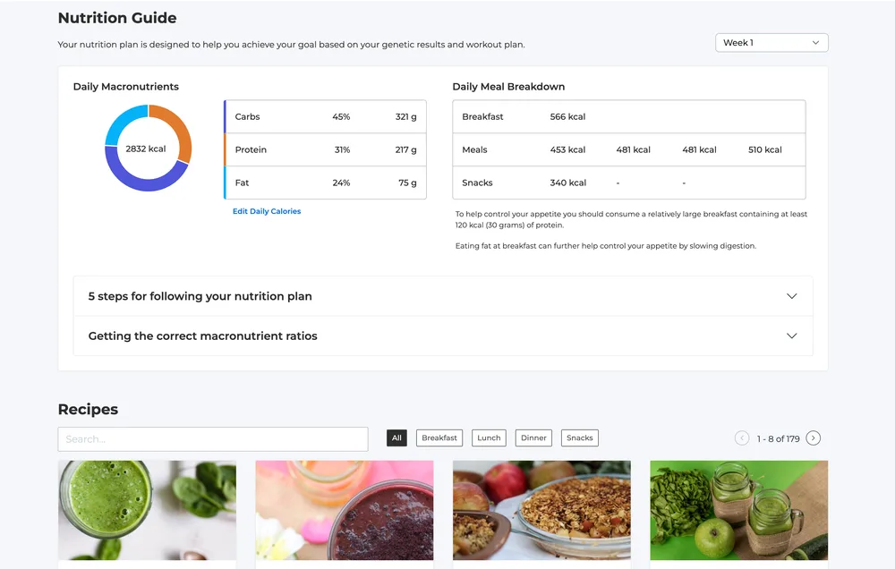 FitnessGenes app on a tablet showing a nutrition guide tuned to your training